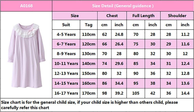 ABALACOCO Girls Kids Princess Lace Nightgown Long Sleeve Cotton Sleepwear Dress Pretty V-neck Loose Homewear