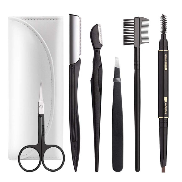 (C-White) - Eyebrow Kit, BOYI 6 in 1 Tweezers for Eyebrows, All-in-one Eyebrow Grooming Set Dermaplaning Tool Eyebrow Razor Brush Scissors Brown Eyebrow Pencil with Leather Pouch (C-White)