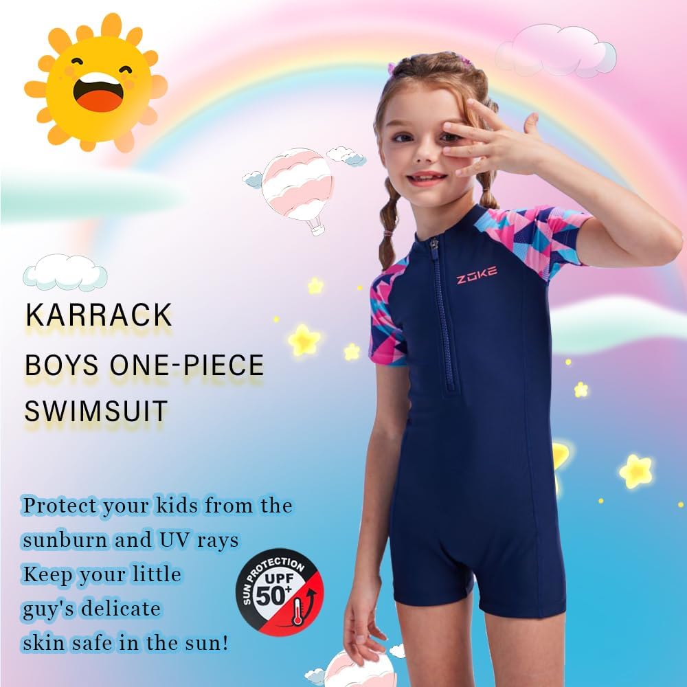 karrack Girls Long Sleeved One Piece Rash Guard Swimsuit Kid Water Sport Short Swimsuit UPF 50+ Sun Protection Bathing Suits