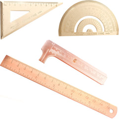 WINGOFFLY 4pcs Retro Geometry Ruler Set Brass Protractor + 5.9"/15cm Straight Edge + Red Copper Triangle Ruler + 80mm Double Scale Vernier Caliper Ideal for Bullet Journals Notebooks Planners Diaries
