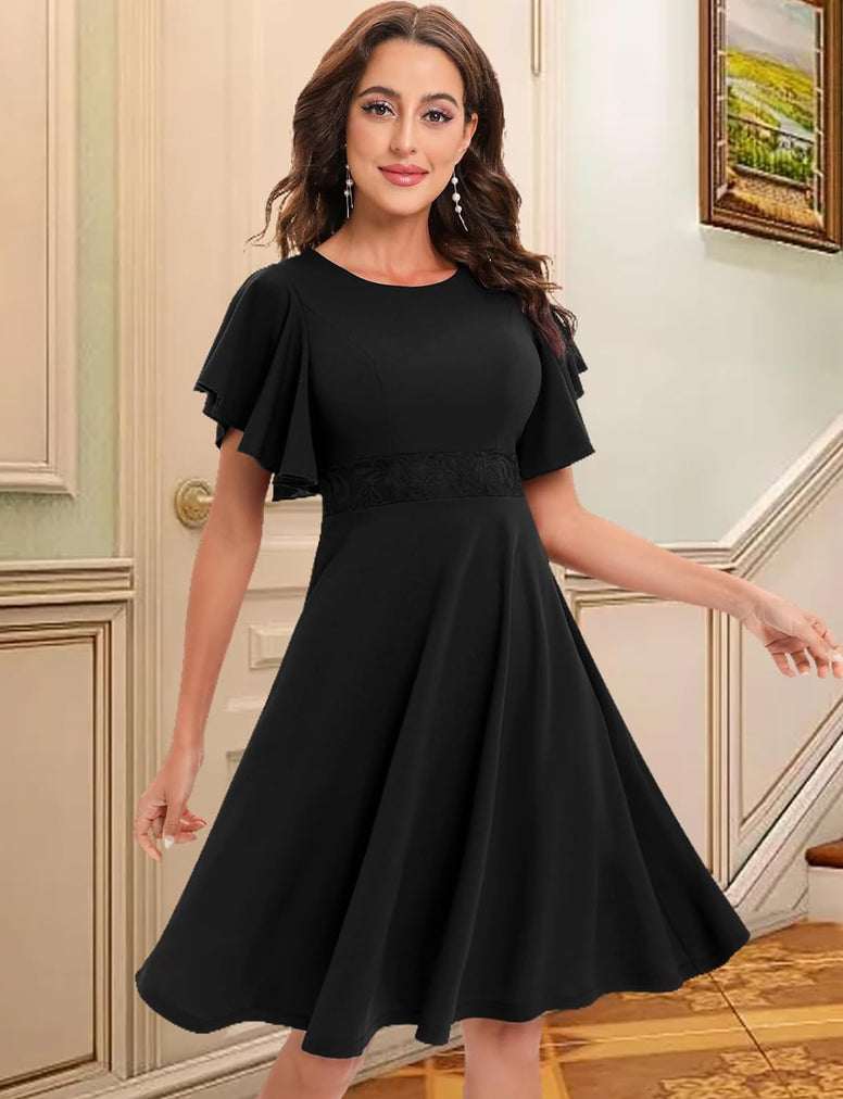 Ruffle Sleeve Cocktail Dress Midi Dress with Lace Flare Wedding Guest Dresses for Women Aline Swing Bridesmaid Dresses