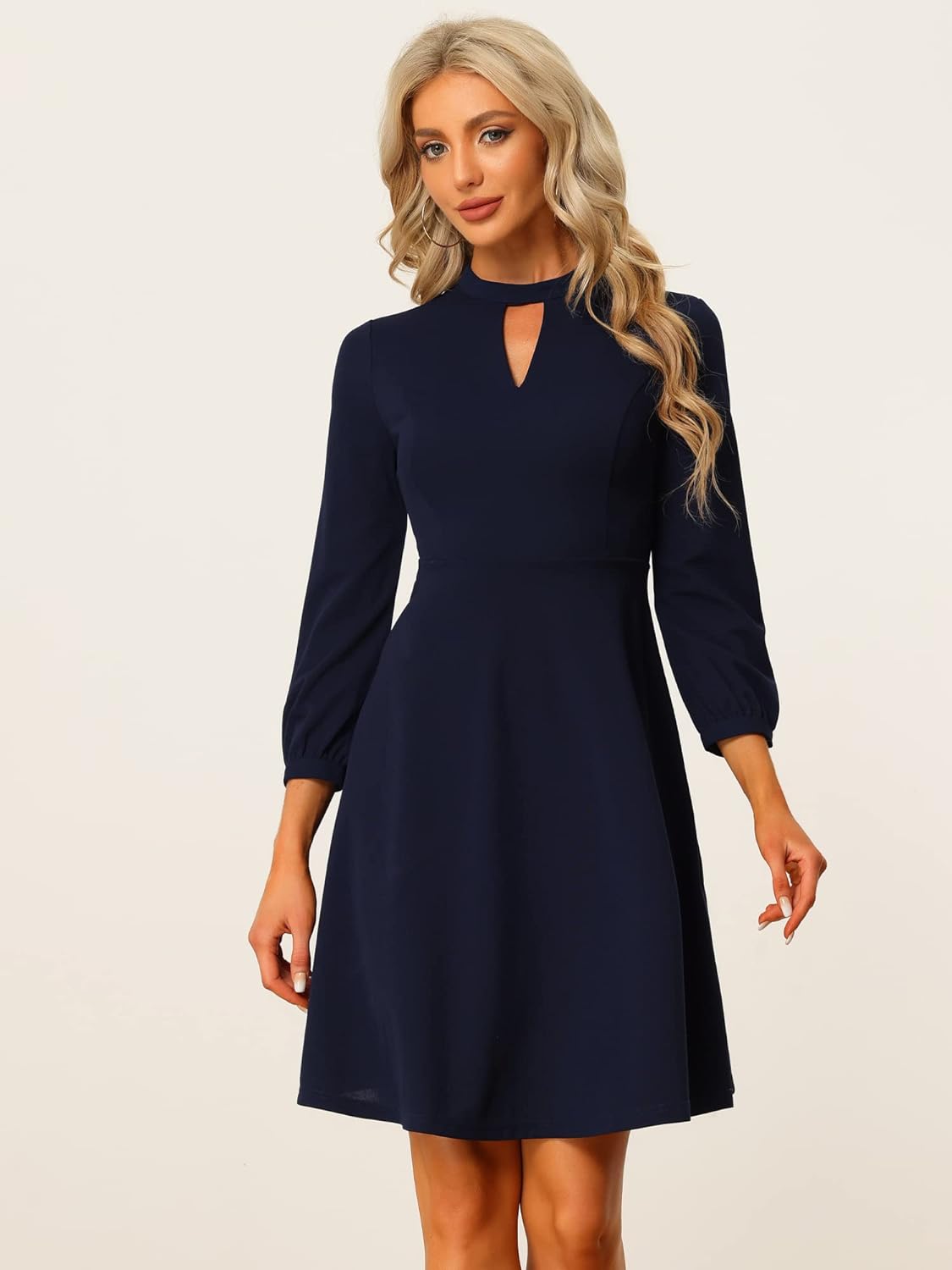 Allegra K Women's Mock Neck Keyhole 3/4 Sleeve A-line Knit Office Cocktail Dress