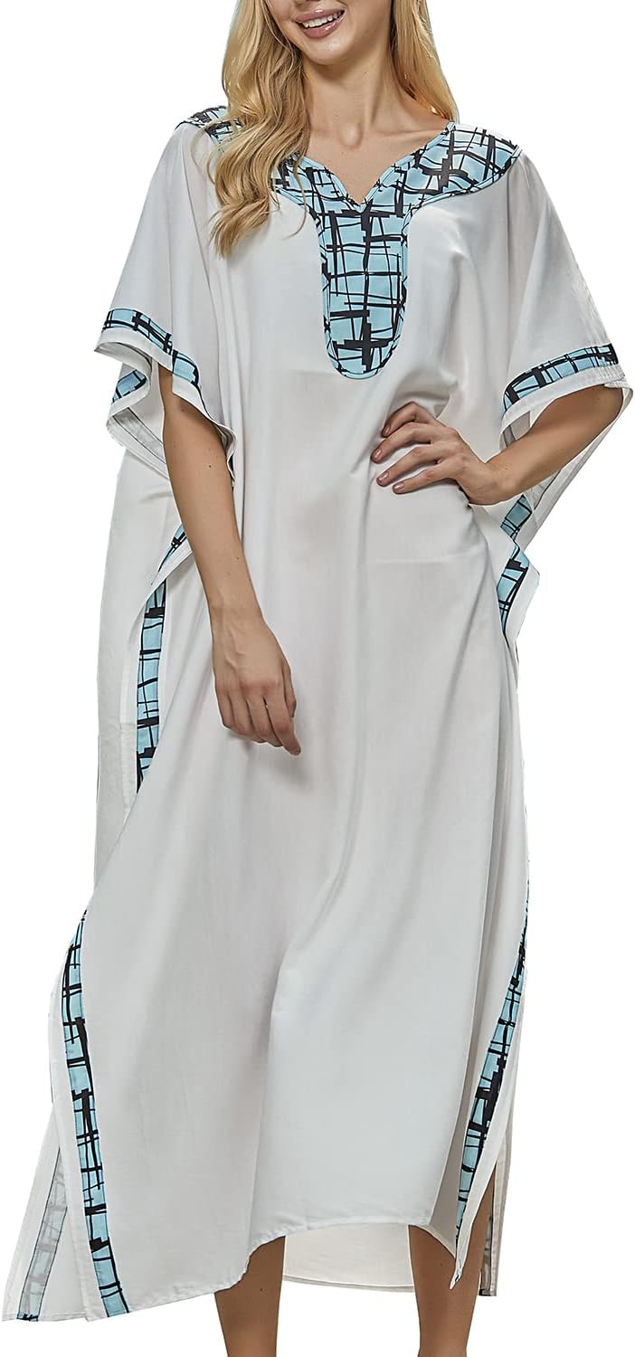 YouKD Maxi Dress V-Neck Kaftan Boho Robes Beach Cover-ups Dress Maxi Garment for Women