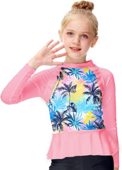 AOBUTE Girls Rash Guard Shirt Raglan Long Sleeve Ruffle Hem Swim Tops 3-12 Years