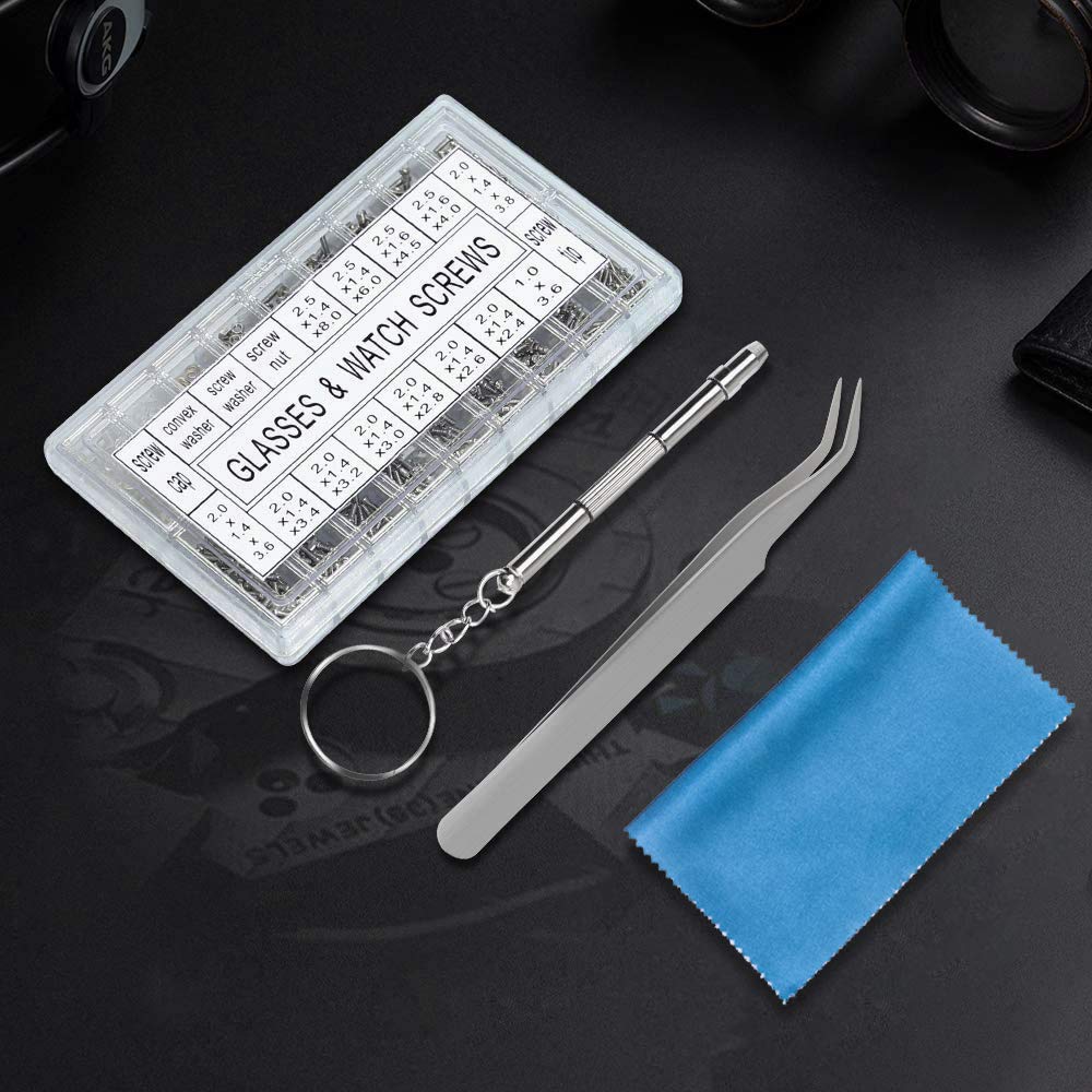 Eyeglass Repair Kit, 1000Pcs Sunglasses Watch Tiny Screws Assortment Stainless Steel with Tweezers Nut Washer Micro 4 in 1 Screwdriver Tool for Spectacles Eyeglasses Glasses Clock Repairing