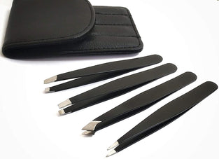 tweezer Professional 4 Piece Stainless Steel Tweezer Set With Leather Bag Case for eyebrow and Eyelash tweezer