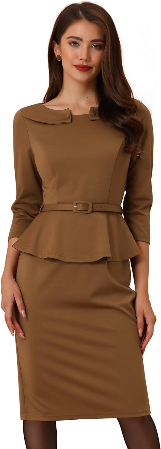 Allegra K Women's Vintage Peplum Dress 3/4 Sleeves Belted Cocktail Sheath Dresses