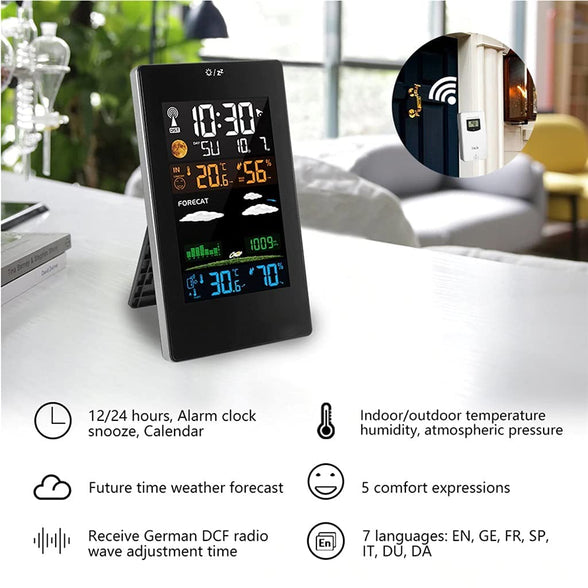 NALACAL Weather Station Clock, Wireless Indoor Outdoor Thermometer,  Indoor Outdoor Weather Forecaster with Digital Thermometer Hygrometer with Alarm and Sensor, Monitoring Air Pressure
