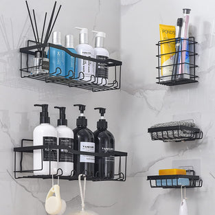 Forthcan Shower Caddy 5-Pack Shower Shelves Self Adhesive Shower Organizer with Soap Dishes and Hooks No Drilling Wall Mount Bathroom Shower Shelves Shower Storage Accessories (5 Pack, Black)