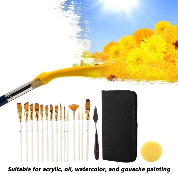 17Pcs Artist Paint Brush Set with Carrying Black Case Paint Knife Sponge for Watercolor Brush Oil Acrylic Drawing Painting