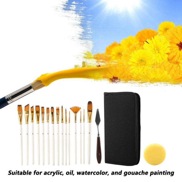 17Pcs Artist Paint Brush Set with Carrying Black Case Paint Knife Sponge for Watercolor Brush Oil Acrylic Drawing Painting