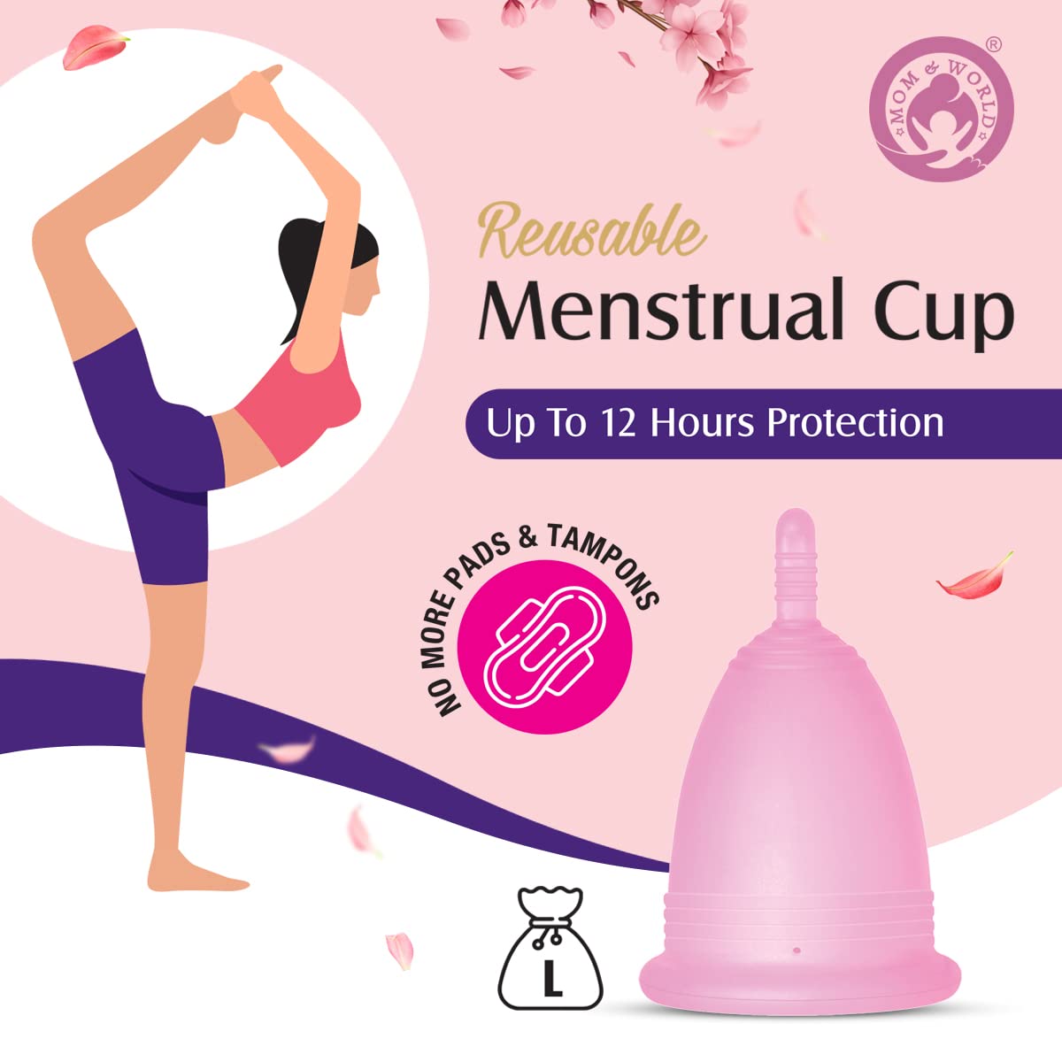 Mom & World Reusable Menstrual Cup For Women, 100% Medical Grade Silicone, Odor and Rash Free, No leakage (Large)