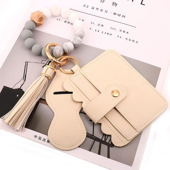 Goodern Wristlet Keychain Bracelet Keychain Wallet Leather Tassel Keychains Silicone Beaded Key Ring Bracelet with Card Holder Car Keychains Elastic Keychains Wristlet for Women and Men-Beige