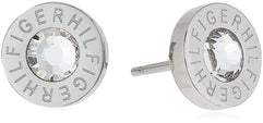 Tommy Hilfiger Stainless Steel Stud Earrings With Etched "HILFIGER" And Clear Center Crystal For Women