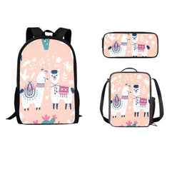 Salabomia Kids Blue Backpacks Set for School Teen Alpaca Printed Girls Backpack Lunchbox Pencil Bags 3PCS