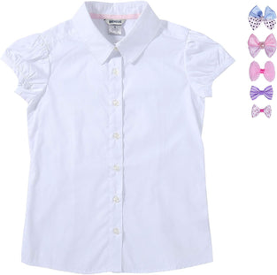 Bienzoe Girls School Uniform Shirt: Kids Summer Button Down Short Sleeve Cotton Oxford Blouse Bowtie Pack