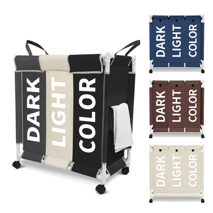 3 Bag Laundry Sorter Cart, Laundry Hamper Sorter Basket with Heavy Duty Lockable Rolling Wheels for Clothes Storage (3 Color-Black/Beige/Dark Grey)