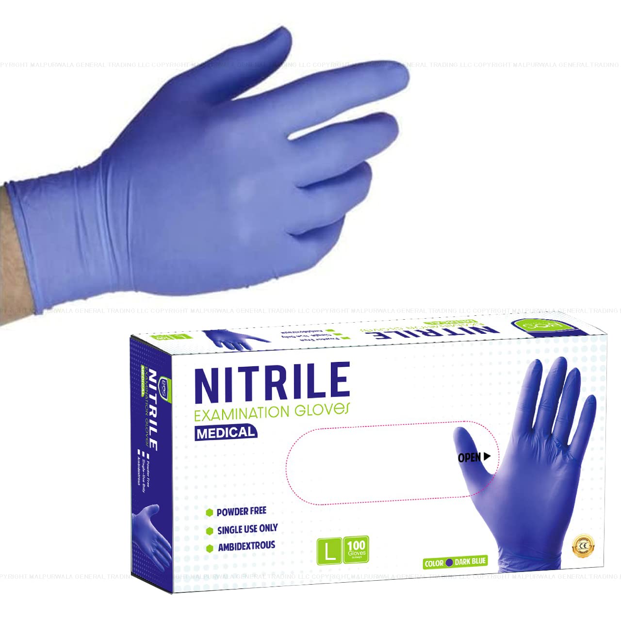 Bio Safety (BOS) Nitrile Examination Gloves, Pack of 100 Gloves - Premium quality Powder Free, Ambidextrous, Non-Sterile, Disposable, Food Safe, Dark Blue Color