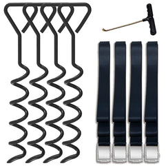 Eurmax USA Trampoline Stakes Heavy Duty Trampoline Parts Corkscrew Shape Steel Stakes Anchor Kit with T Hook for Trampolines -Set of 4 Bonus 4 Strong Belt
