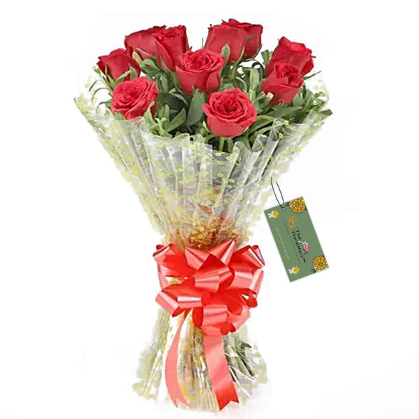 The FloralMart® Fresh Flower Bouquet of 08 Red Roses in Cellophane Wrapping Hand Tied with Ribbons