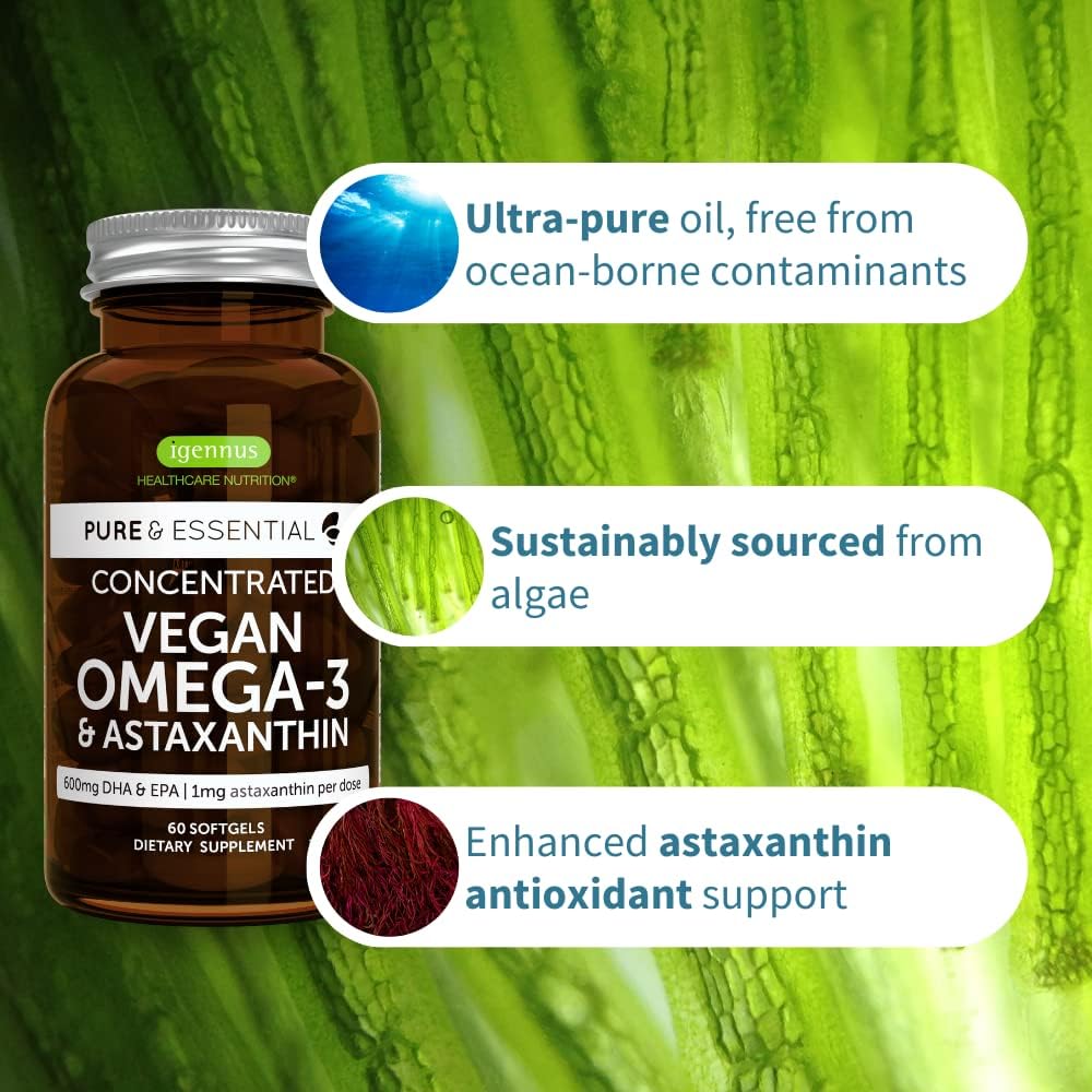 Pure & Essential Vegan Omega 3 & Astaxanthin, High Concentration EPA DHA Algae Oil, Sustainable & Pure, 600mg DHA & EPA for Heart, Brain & Eye Health, 60 Small Softgels