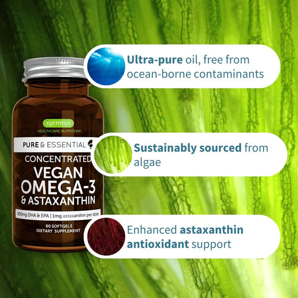 Pure & Essential Vegan Omega 3 & Astaxanthin, High Concentration EPA DHA Algae Oil, Sustainable & Pure, 600mg DHA & EPA for Heart, Brain & Eye Health, 60 Small Softgels