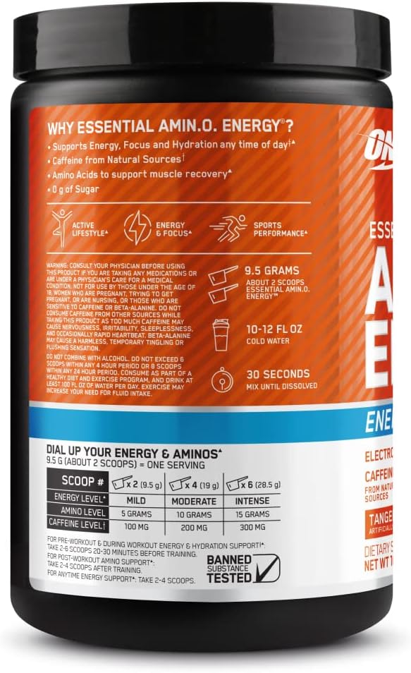 Optimum Nutrition (ON) Amino Energy Plus Electrolytes Powder - Pre Workout, Bcaas, Amino Acids, Keto Friendly, Anytime Energy Powder - Tangerine Wave, 285 G, 30 Servings