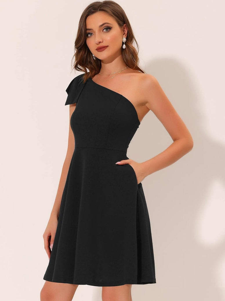 Allegra K Elegant Dresses for Women Bow One Shoulder with Pockets A-line Cocktail Party Dress