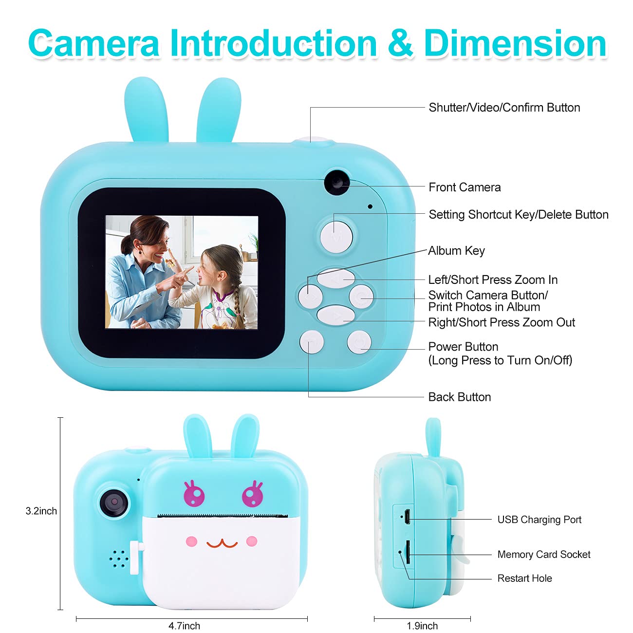 MINIBEAR Instant Camera for Kids, Digital Camera for Girls, Toddler Camera with Print Paper, 40MP Video Child Selfie Toy Camcorder, 2.4 Inch Screen, 32GB TF Card (Sky Blue)