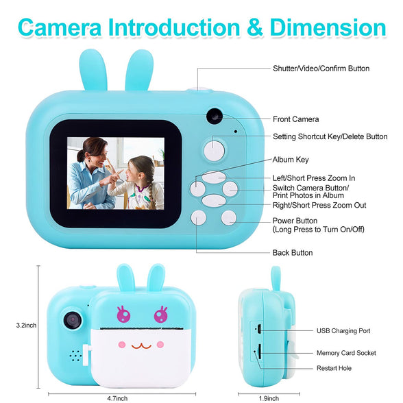 MINIBEAR Instant Camera for Kids, Digital Camera for Girls, Toddler Camera with Print Paper, 40MP Video Child Selfie Toy Camcorder, 2.4 Inch Screen, 32GB TF Card (Sky Blue)