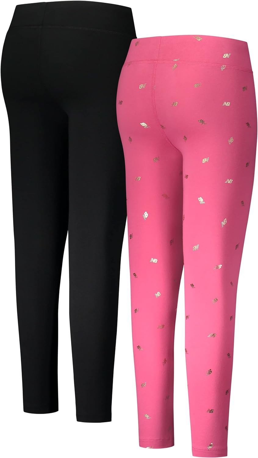 New Balance Girls' Active Leggings - 2 Pack Full Length Performance Yoga Pants (Little Girl/Big Girl), Size 7/8, Logo Pink/Black