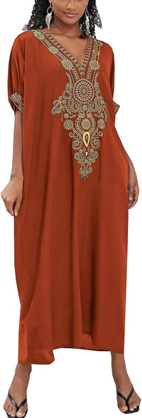 YouKD Embroidered Kaftan Dress Boho Beach Bikini Cover Up Robe Plus Size Loungewear for Women