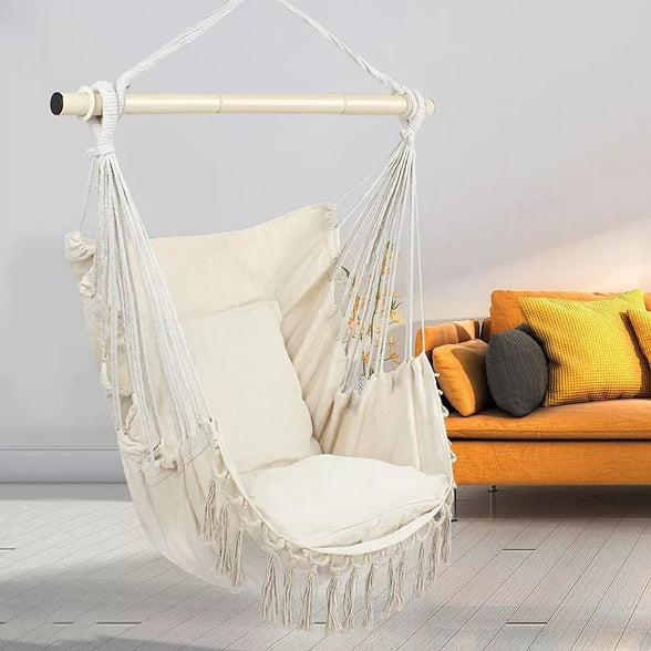 Hammock Chair Hanging Rope Swing, Max 330 Lbs, 2 Cushions Included, Large Macrame Hanging Chair with Pocket, Cotton Weave for Superior Comfort, Durability (Beige)