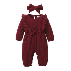 Baby Girl Romper Infant Fall Winter Clothes Ruffle Sweater Long Sleeve Bodysuit Jumpsuit and Headband 0-3 M