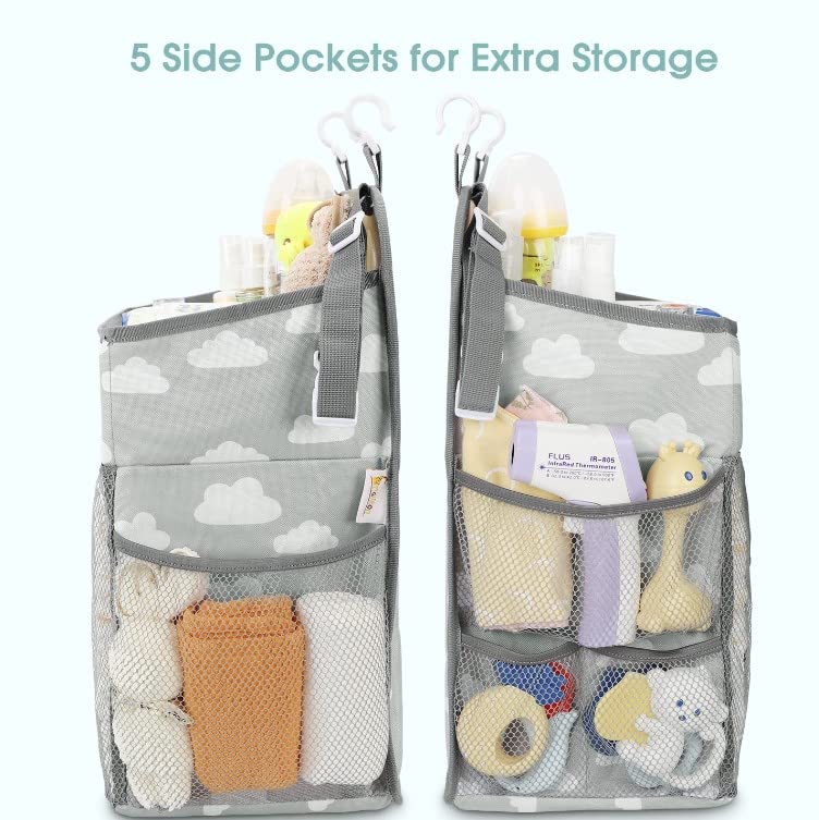 THE WHITE SHOP Hanging Diaper Caddy Organizer - Diaper Stacker for Changing Table, Crib, Playard or Wall & Nursery Organization Baby Shower Gifts for Newborn (Gray Cloud)