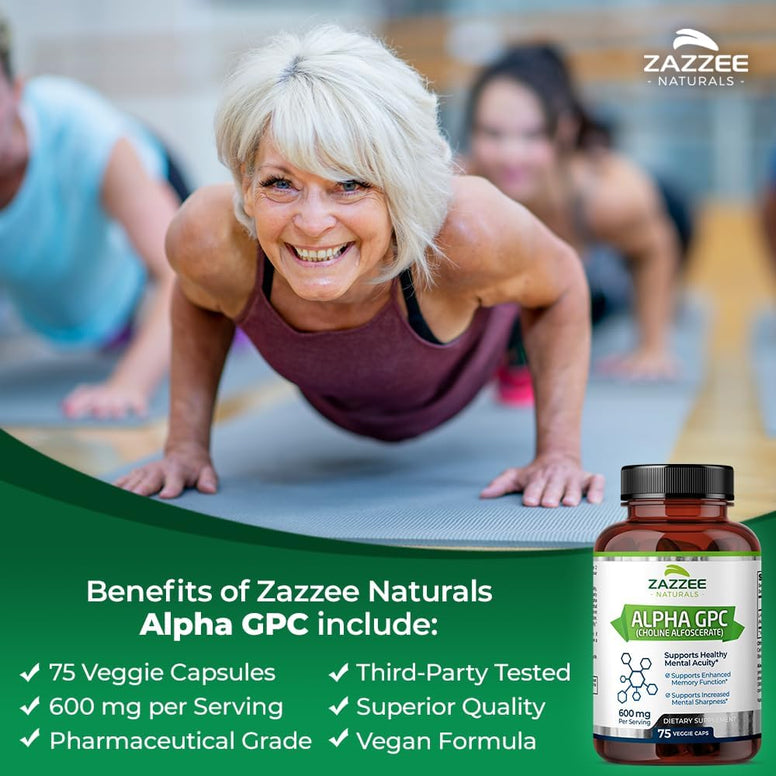 Zazzee Alpha GPC Choline 600 mg per Serving, 75 Count, Vegan, Support for Overall Brain Function, Memory, Focus and Concentration