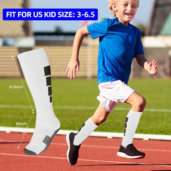 Kids Athletic Soccer Socks, 2 Pairs Knee High Socks for Youth Boys Girls for Shoe Size 3-6.5 / Ages 6-12