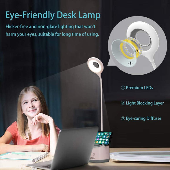 Desk Lamp Kids Room for Student Small Table Lamp with LED USB Rechargeable Cute Light for Home Office Dorm with Touch Control,Night Light, Eye-caring, Flexible Gooseneck, Phone & Pen Holder (Grey)