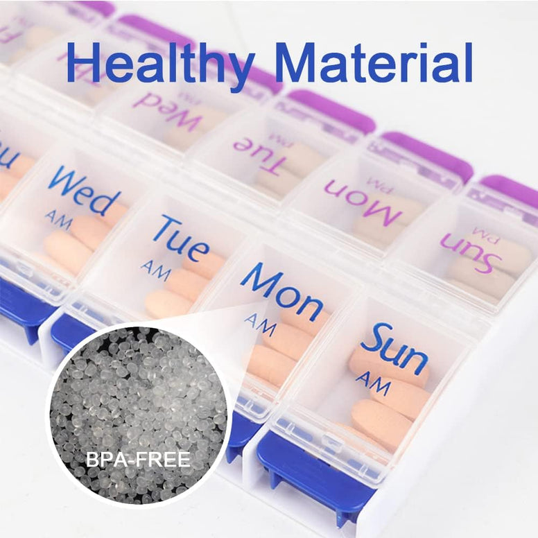 7 Day Pill Box Organiser with Opening Push Button, Pill Boxes 7 Day 2 Times a Day, Weekly Tablet Organiser Boxes 7 Day AM and PM, Medication Organizer Case for Vitamins (Blue-Purple)