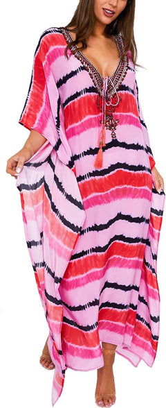 YouKD Summer Long Kaftan Dress Bohemian Roomy Beach Robe Cover Up Plus Size Dress for Women