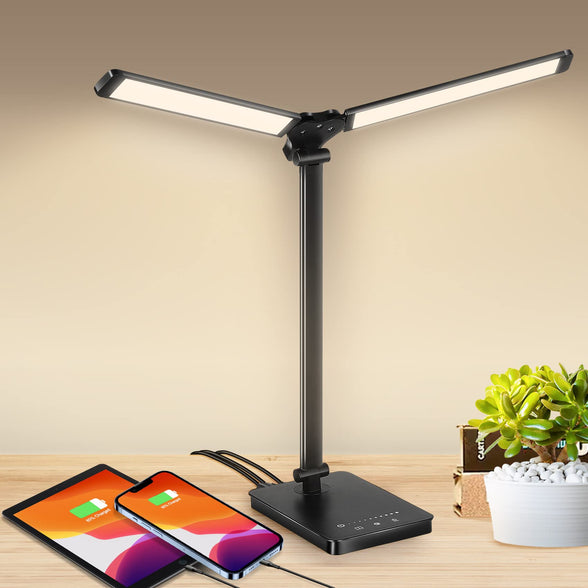 Desk Lamp Double-head, Ufanore Table Lamp for Home Office with 2 Extra USB Port, Eye-caring Kids Study Lamp&Bed Reading Lamp, LED Bedroom Lamp with 5 Light Colors & 5 Brightness Levels, 45Min Timing
