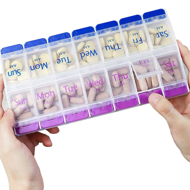 7 Day Pill Box Organiser with Opening Push Button, Pill Boxes 7 Day 2 Times a Day, Weekly Tablet Organiser Boxes 7 Day AM and PM, Medication Organizer Case for Vitamins (Blue-Purple)