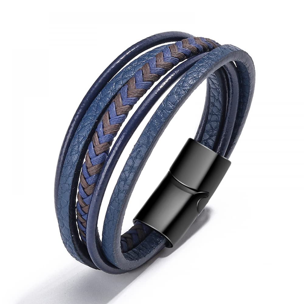 Goodern Mens Leather Bracelet Cowhide Braided Leather Mens Bracelet Leather Bangles Magnetic-Clasp Braided Multi-Layer Wrap Mens Bracelet Blue Braided Leather Wristband Bracelet Great Gift for Men