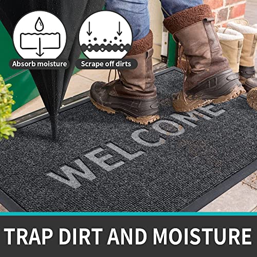 Welcome Mat Front Door Mats Outdoor, 45X75cm Door Mat Outdoor Entrance, Heavy Duty Non Slip Waterproof Rubber Outside Door Mats, Welcome Mats Outdoor All Weather for Entryway, Patio, BlackGrey