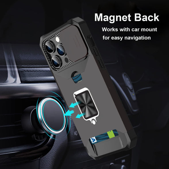 for iPhone 12 Pro Max Case with Card Holder and Slide Camera Cover,360° Rotate Ring Kickstand Magnetic Car Mount Phone Cover Case for iPhone 12 Pro Max -Black