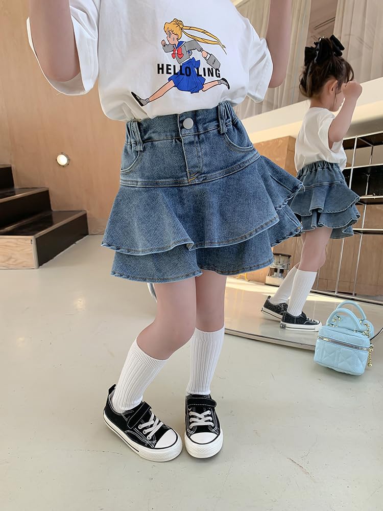 Flofallzique Little Girl Denim Skirts Mini Flared Layers Pleated Skirts for Toddlers Skorts