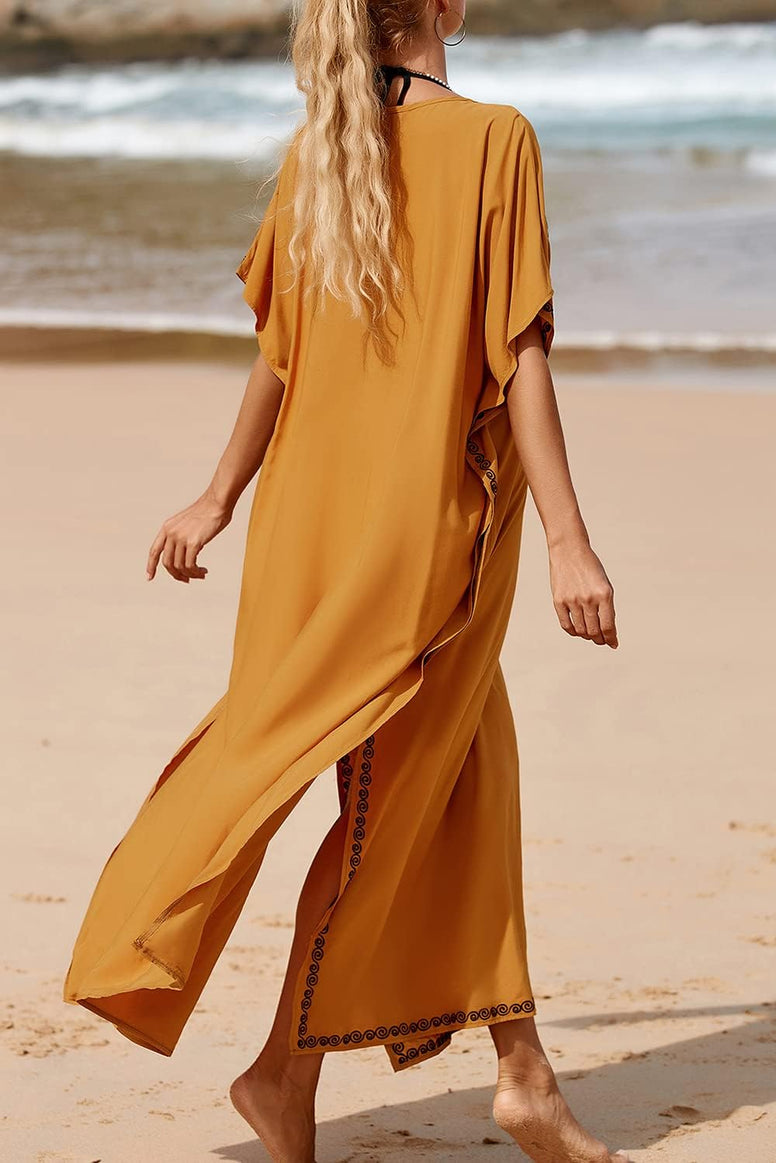 YouKD Embroidered Kaftan Dress Boho Beach Bikini Cover Up Robe Plus Size Loungewear for Women