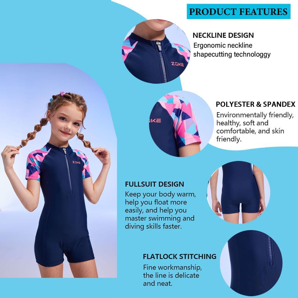 karrack Girls Long Sleeved One Piece Rash Guard Swimsuit Kid Water Sport Short Swimsuit UPF 50+ Sun Protection Bathing Suits