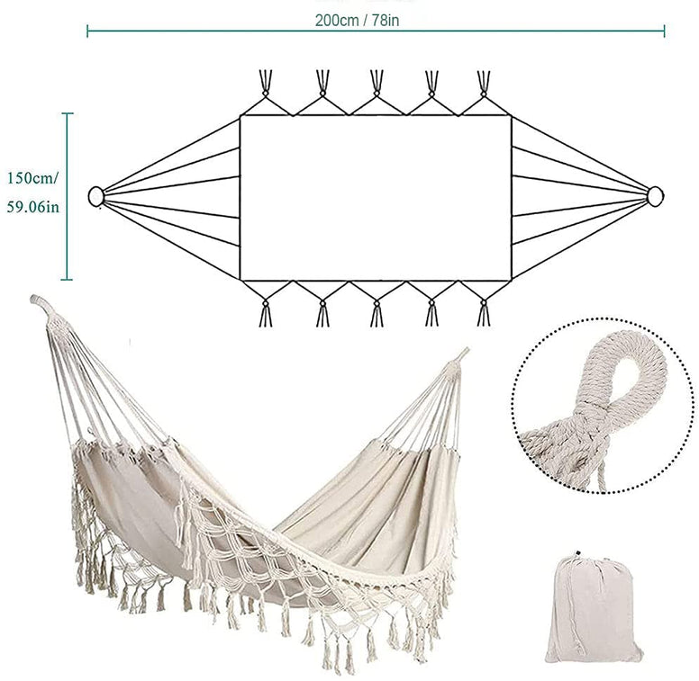 GT Double Deluxe Hammock Swing Hammock Garden Cotton Fabric Elegant Fringed,Double Deluxe Hammock Swing Net Chair with Tree Rope and Bag for Outdoor & Wedding Party Decor,White,240X150cm