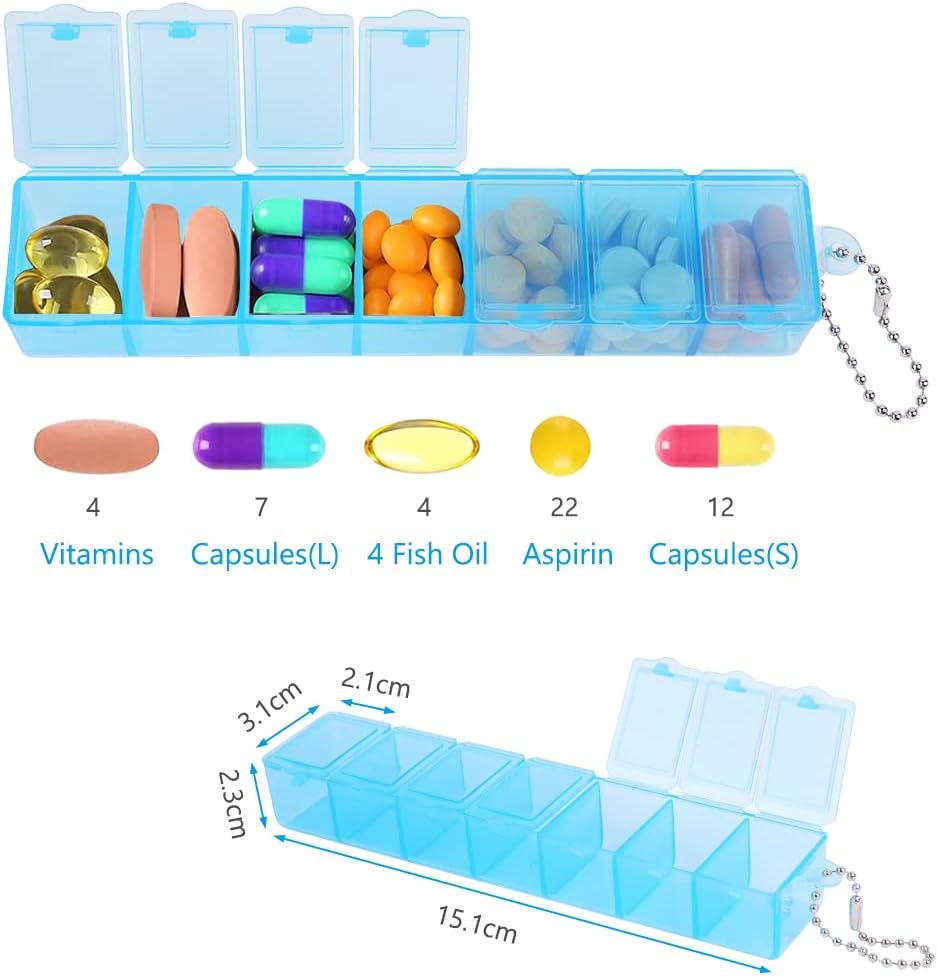 AOOWU Pill Box, 2 Pieces Weekly Pill Box, Pocket Pill Box, Daily Pill Box, Pill Box, Medicine Organizer for Vitamins and Supplements (Blue)